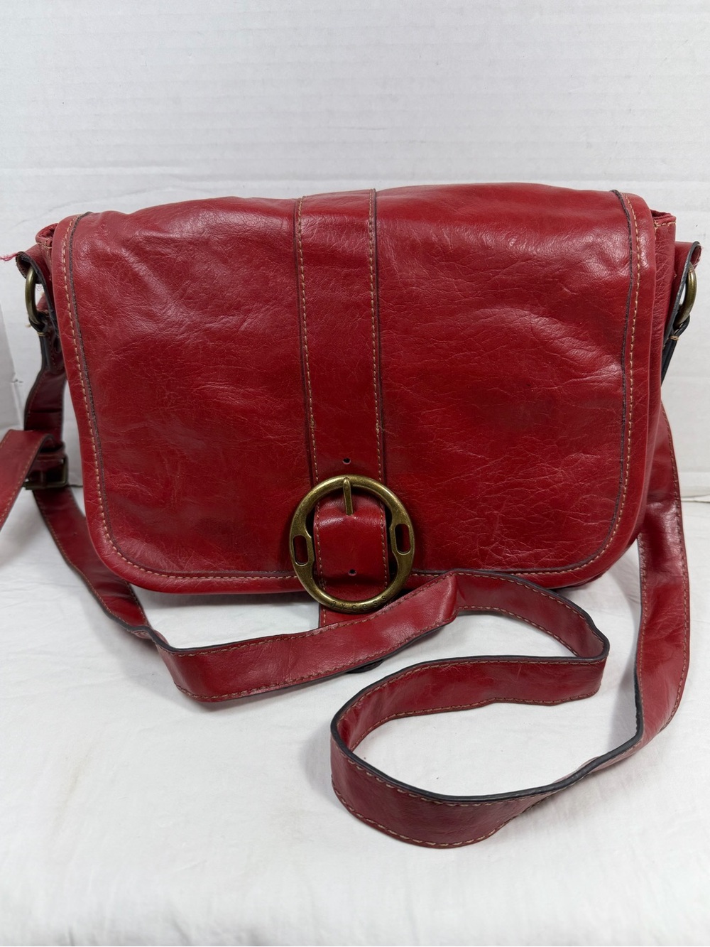 Vintage Axcess Red Leather Crossbody Bag with Brass Buckle